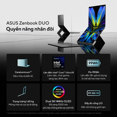 Laptop Asus ZenBook Duo UX8407AA-SN439WS (Intel Core Ultra X7 Processor 358H | 32GB | 512GB | Intel Arc | 14 inch 3K OLED | Cảm ứng | Win 11 | Office | Xám)